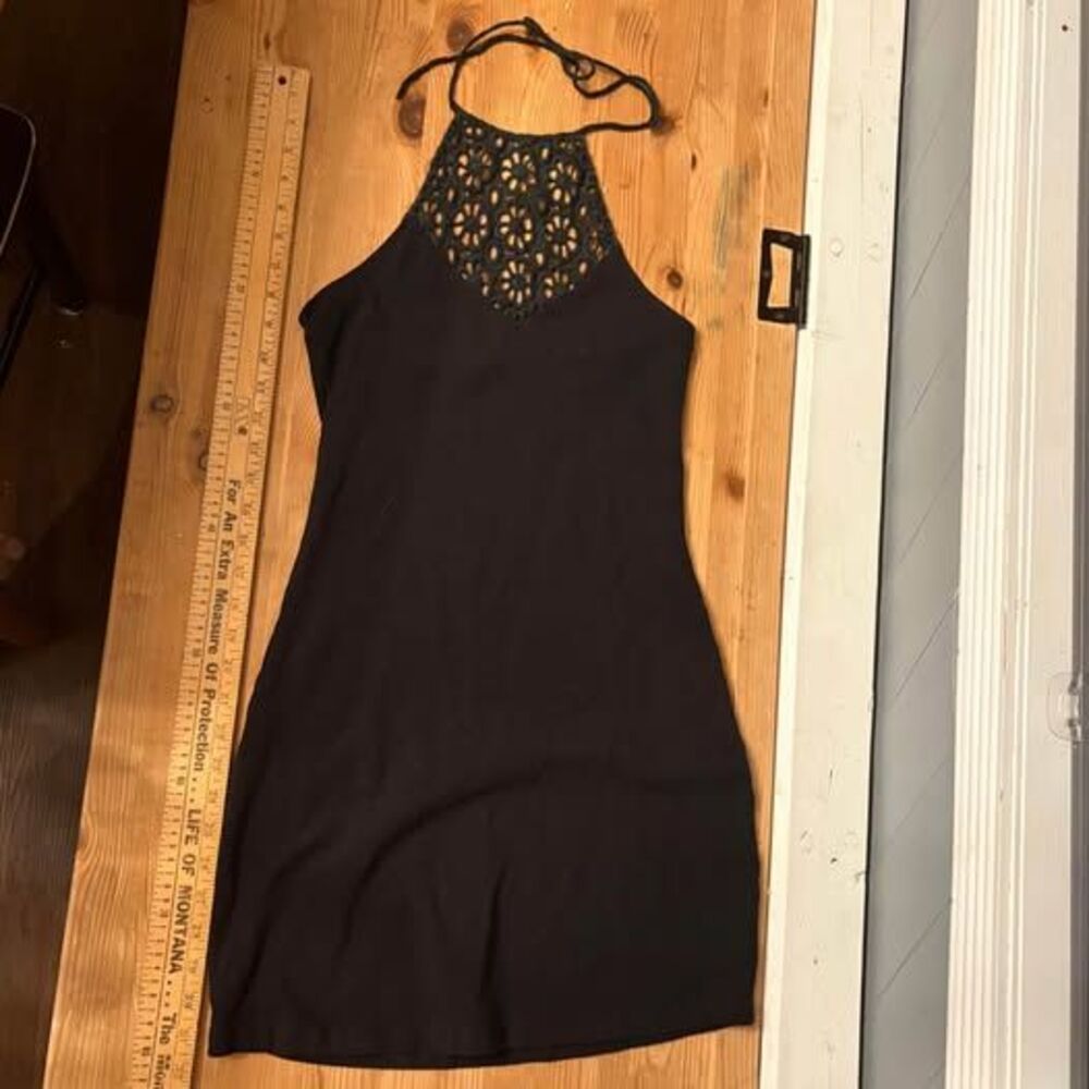 Free People One Black Halter Top Mini Dress Crochet Detail Y2K Fitted Festival